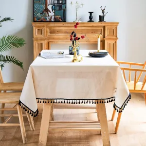 YUURAINVUVU Pure Beige Cotton Linen Fabric, Stitching Black Tassel Rectangle Tablecloth for Kitchen | Dining | Tabletop | Decoration | Tea Party | Weddings | Farmhouse (55x70 Inches)