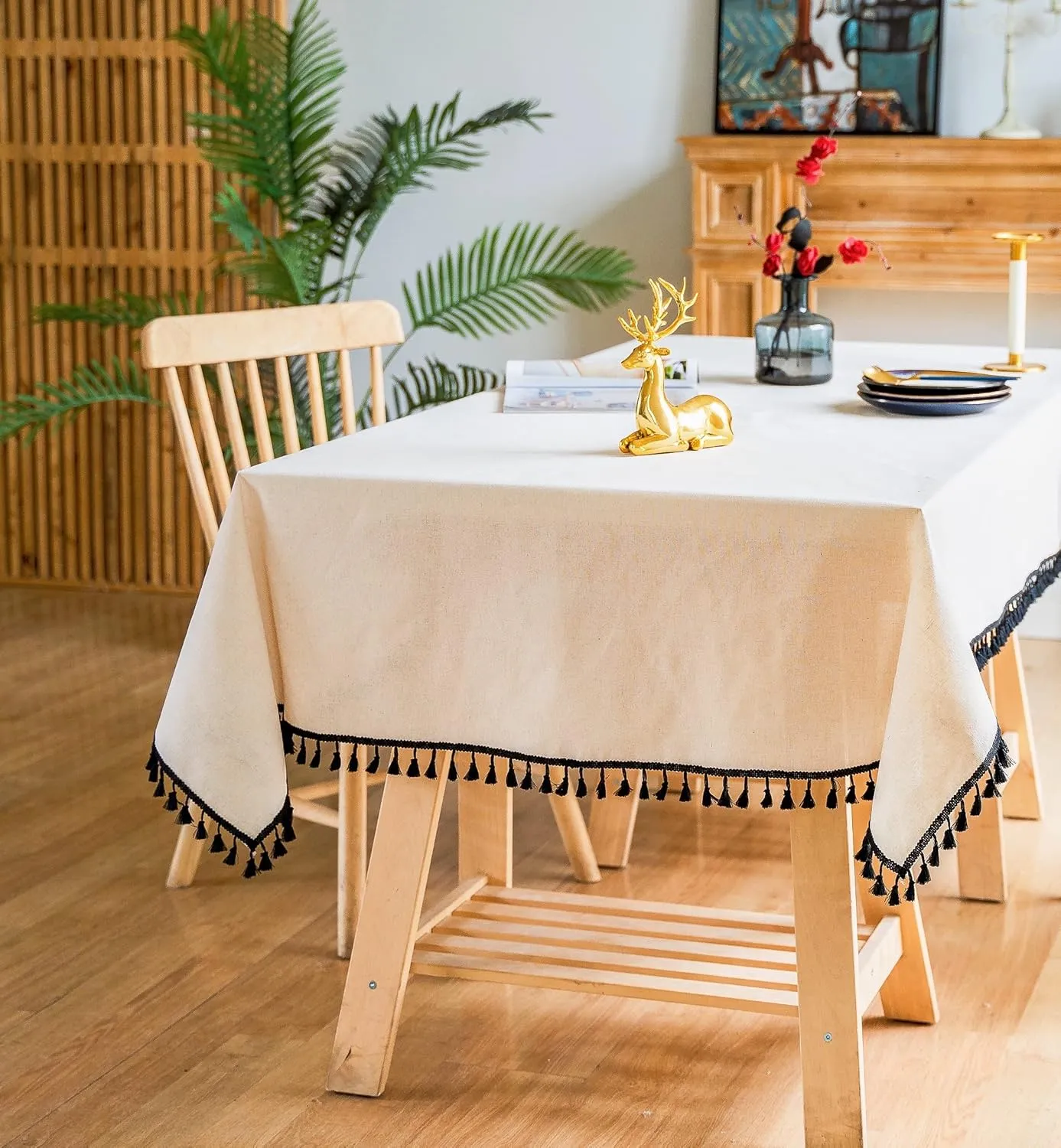 YUURAINVUVU Pure Beige Cotton Linen Fabric, Stitching Black Tassel Rectangle Tablecloth for Kitchen | Dining | Tabletop | Decoration | Tea Party | Weddings | Farmhouse (55x70 Inches)
