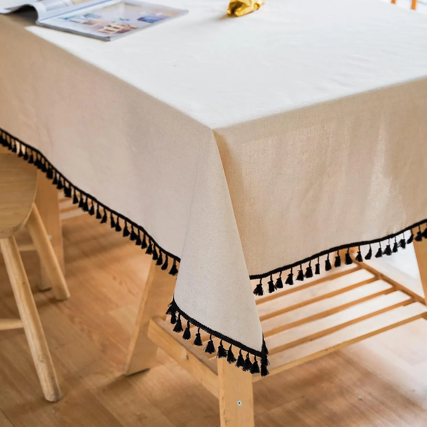 YUURAINVUVU Pure Beige Cotton Linen Fabric, Stitching Black Tassel Rectangle Tablecloth for Kitchen | Dining | Tabletop | Decoration | Tea Party | Weddings | Farmhouse (55x70 Inches)