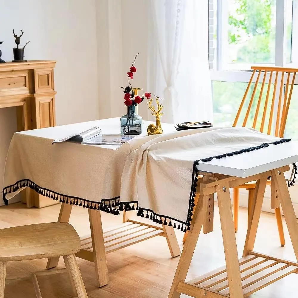 YUURAINVUVU Pure Beige Cotton Linen Fabric, Stitching Black Tassel Rectangle Tablecloth for Kitchen | Dining | Tabletop | Decoration | Tea Party | Weddings | Farmhouse (55x70 Inches)
