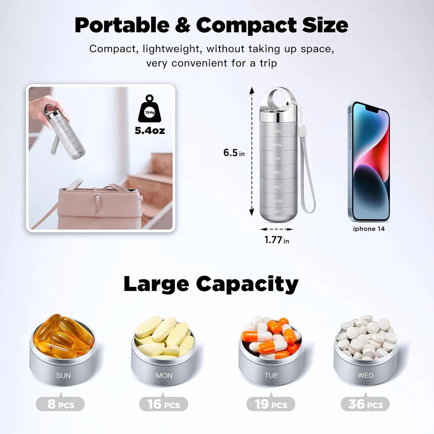 Zannaki Metal Travel Pill Organizer, Portable Waterproof Weekly Pill Box, Large Aluminum Alloy Pill Case Container, BPA Free 7 Day Daily Medicine Organizer Holder for Vitamin, Fish Oil, Supplement
