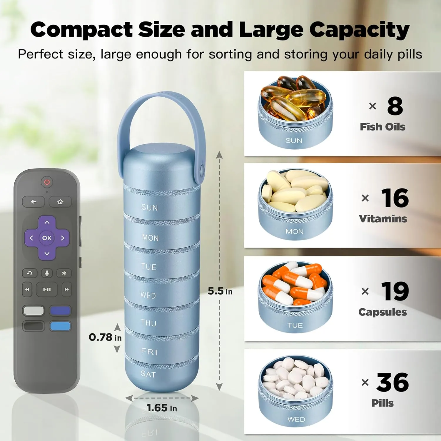 Zannaki Metal Weekly Pill Organizer, Large Travel Pill Box 7 Day, Waterproof Daily Pill Case with Silicone Handle, Aluminum Alloy Portable Pill Holder Container for Vitamin, Medicine, Supplement,Pills
