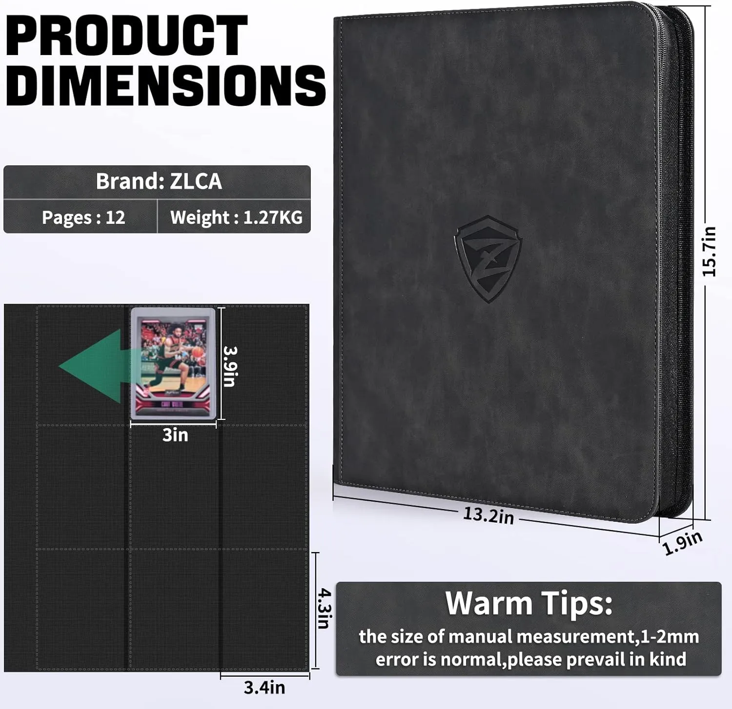 ZLCA Toploader Card Binder, 9-Pocket Trading Card Album Holder fits for 3 x 4'' Top Loader, Double-sided Card Display Storage Carrying Case, Plastic Pages for Holding PTCG MTG Sports Cards (Black)