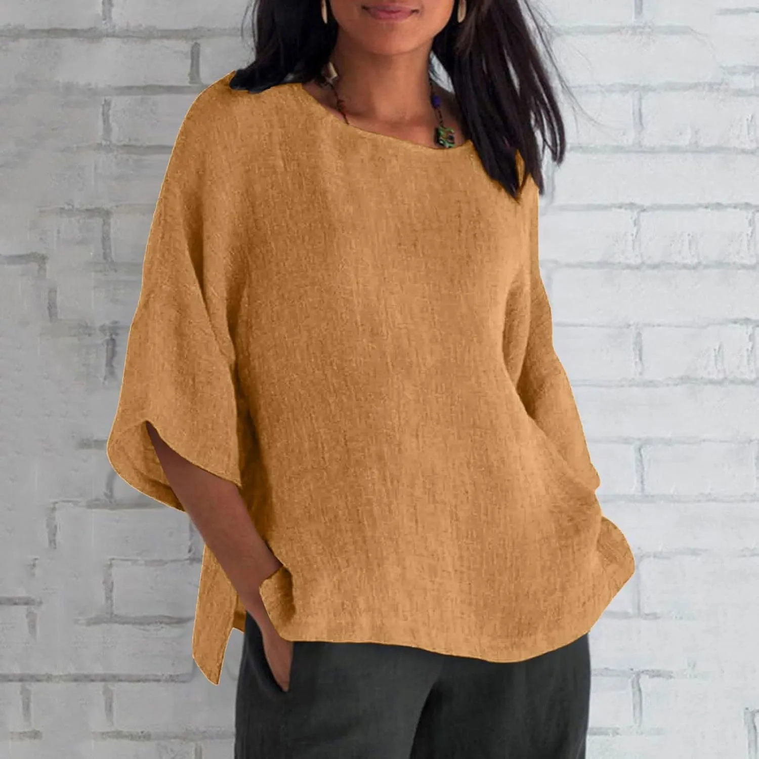ZOCAVIA Women's Plus Size Casual Loose Cotton Linen 3/4 Sleeve Shirts Blouses 2024 Spring Summer Lightweight Solid Tunic Tops