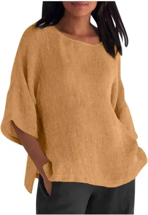 ZOCAVIA Women's Plus Size Casual Loose Cotton Linen 3/4 Sleeve Shirts Blouses 2024 Spring Summer Lightweight Solid Tunic Tops