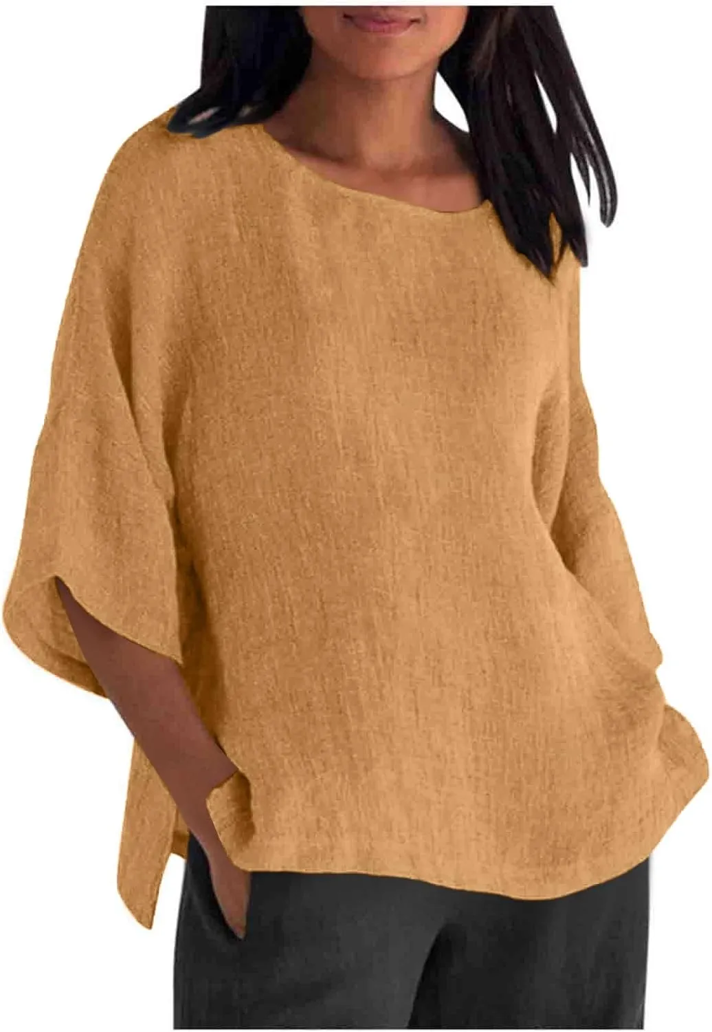 ZOCAVIA Women's Plus Size Casual Loose Cotton Linen 3/4 Sleeve Shirts Blouses 2024 Spring Summer Lightweight Solid Tunic Tops