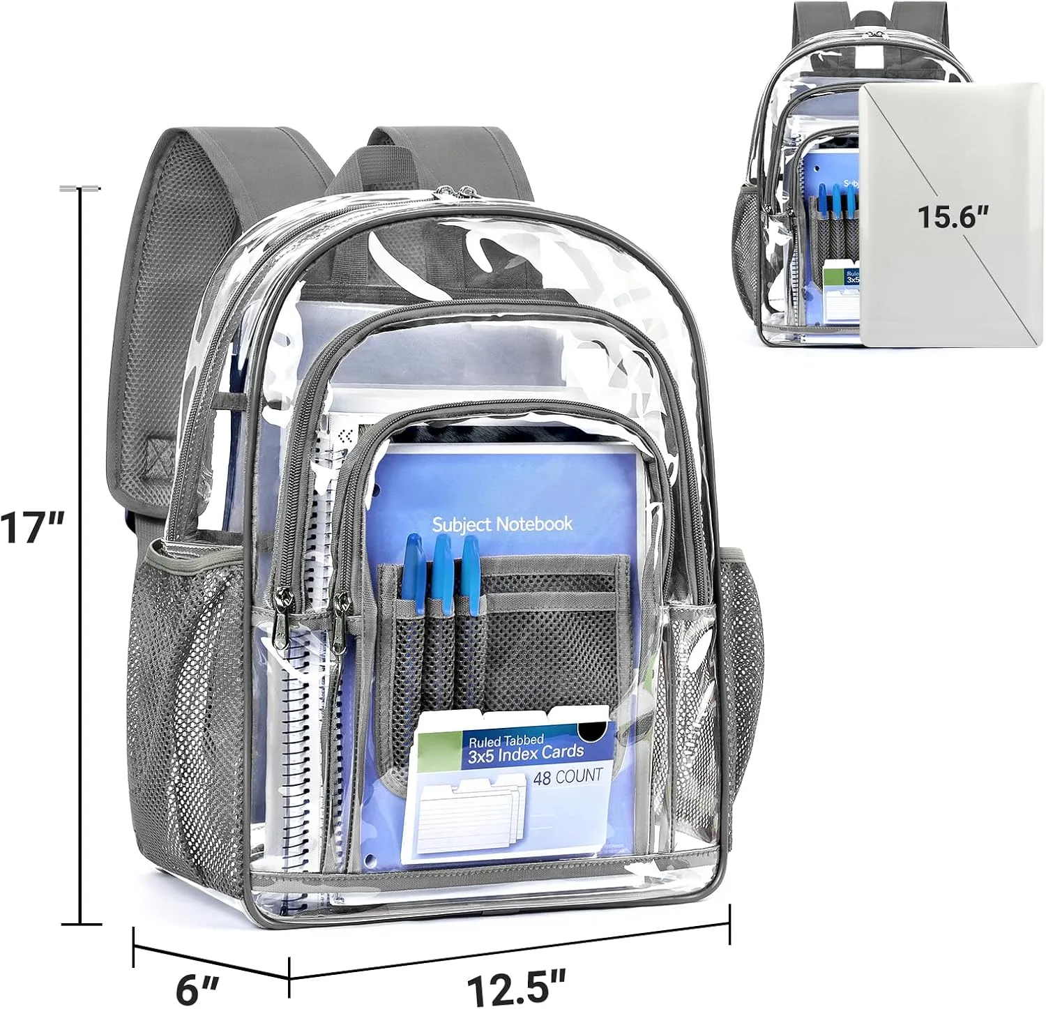 ZORFIN Clear Backpack Heavy Duty for School & Work – 17in Transparent PVC Bag with Large Capacity & Reinforced Straps – See Through Bookbag for Men, Women, Boys & Girls, Workplace Security - Grey