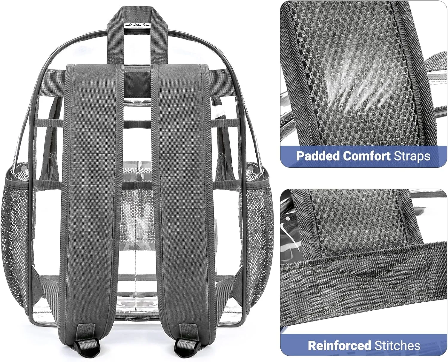 ZORFIN Clear Backpack Heavy Duty for School & Work – 17in Transparent PVC Bag with Large Capacity & Reinforced Straps – See Through Bookbag for Men, Women, Boys & Girls, Workplace Security - Grey