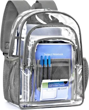 ZORFIN Clear Backpack Heavy Duty for School & Work – 17in Transparent PVC Bag with Large Capacity & Reinforced Straps – See Through Bookbag for Men, Women, Boys & Girls, Workplace Security - Grey