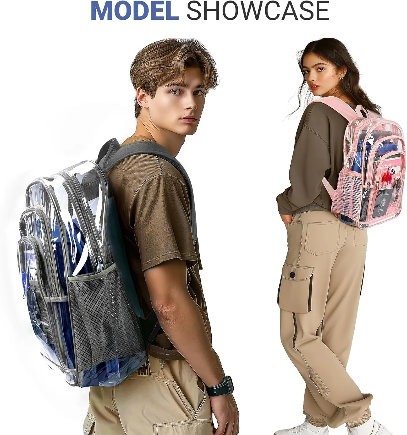ZORFIN Clear Backpack Heavy Duty for School & Work – 17in Transparent PVC Bag with Large Capacity & Reinforced Straps – See Through Bookbag for Men, Women, Boys & Girls, Workplace Security - Grey