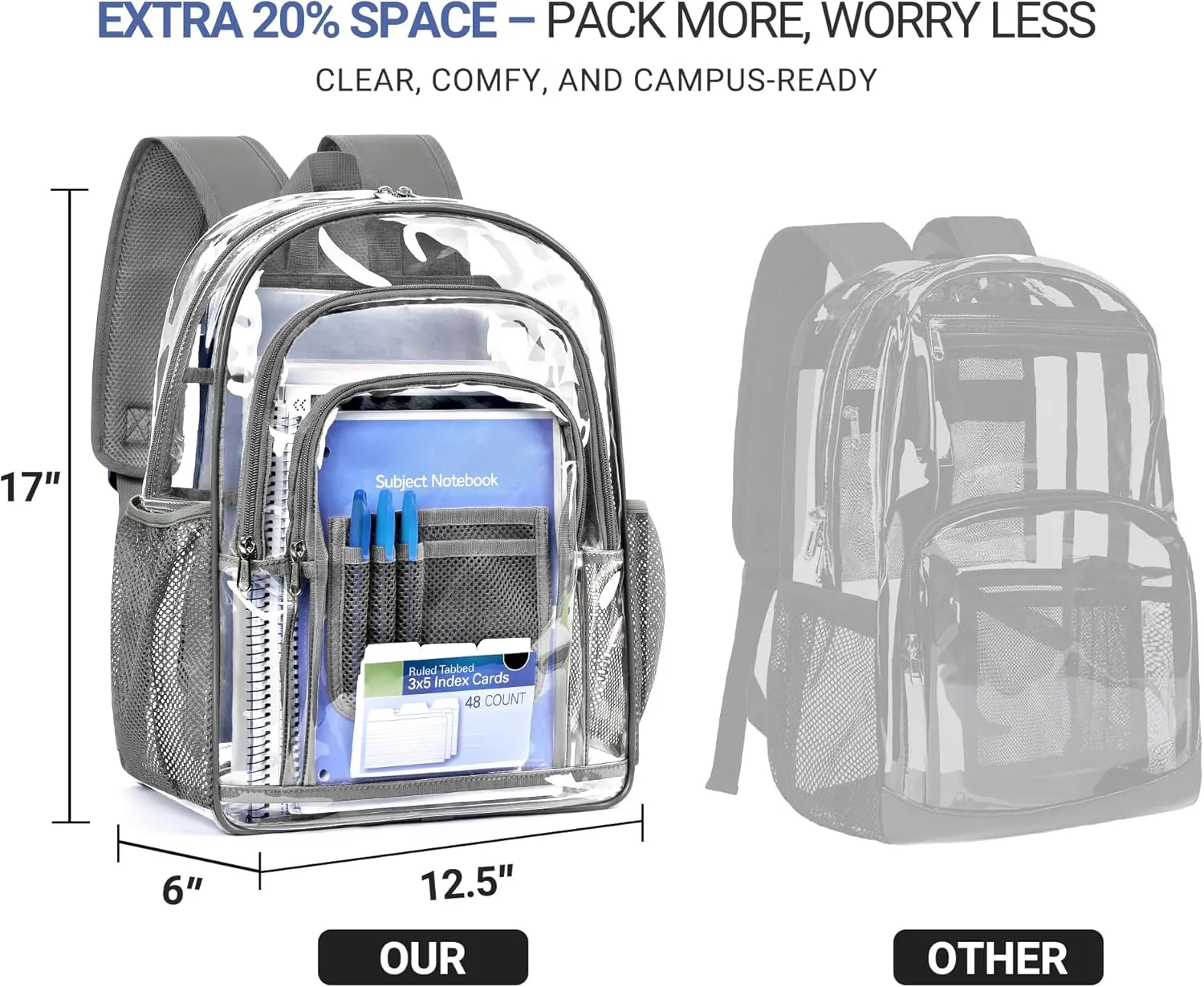 ZORFIN Clear Backpack Heavy Duty for School & Work – 17in Transparent PVC Bag with Large Capacity & Reinforced Straps – See Through Bookbag for Men, Women, Boys & Girls, Workplace Security - Grey