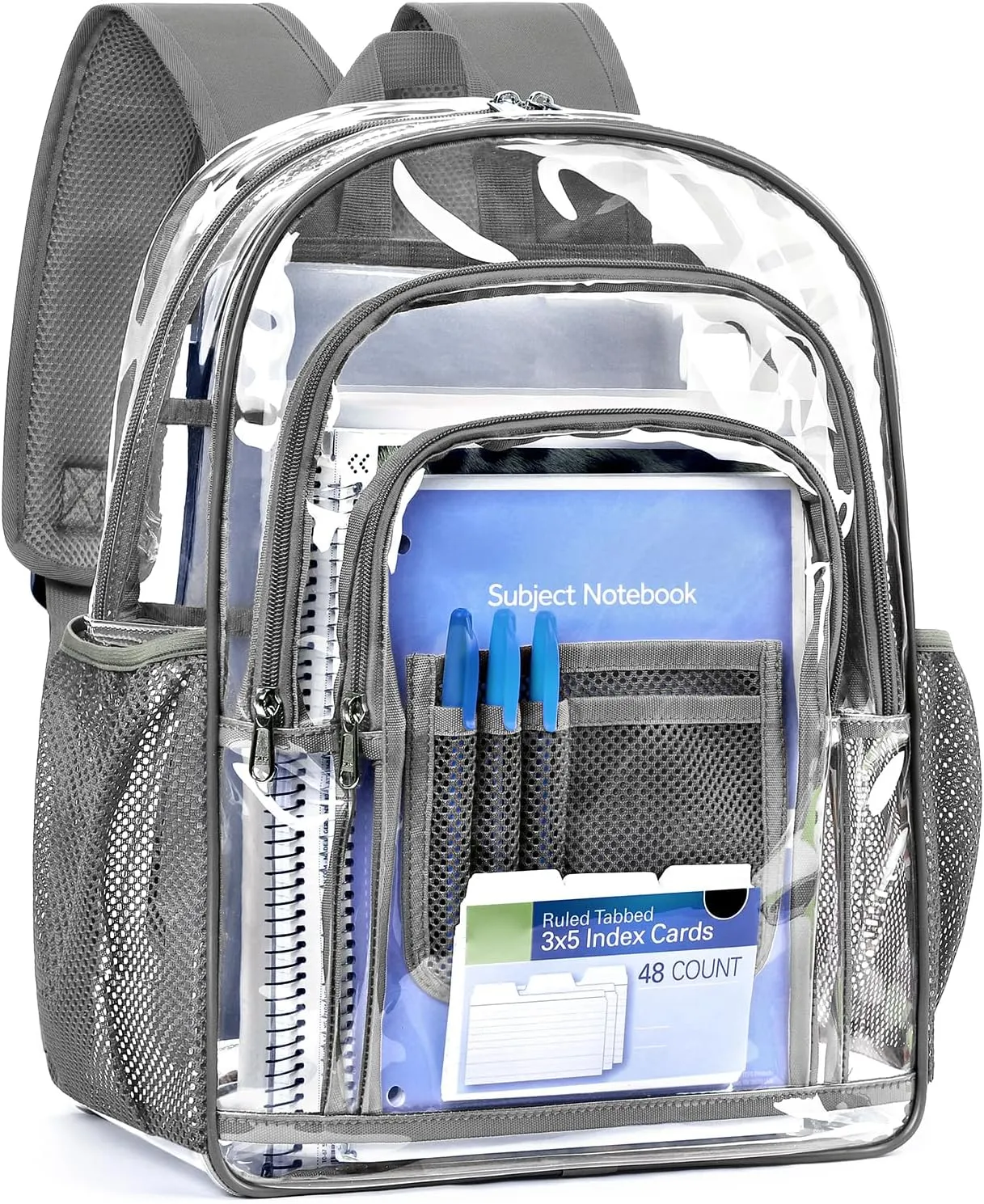 ZORFIN Clear Backpack Heavy Duty for School & Work – 17in Transparent PVC Bag with Large Capacity & Reinforced Straps – See Through Bookbag for Men, Women, Boys & Girls, Workplace Security - Grey